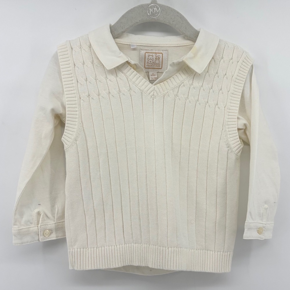 Emile et Rose Baby Boy Ivory Sweater Vest and Long Sleeve Shirt Set 12 Months